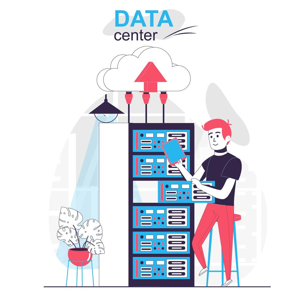 Data center isolated cartoon concept. Engineer work at server rack room, cloud technology people scene in flat design. Vector illustration for blogging, website, mobile app, promotional materials.