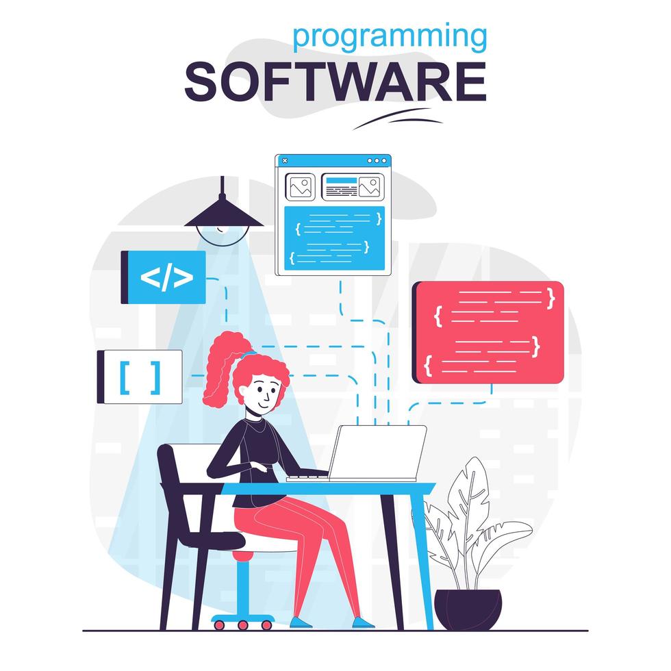 Programming software isolated cartoon concept. Developer writes and optimizes code project, people scene in flat design. Vector illustration for blogging, website, mobile app, promotional materials.