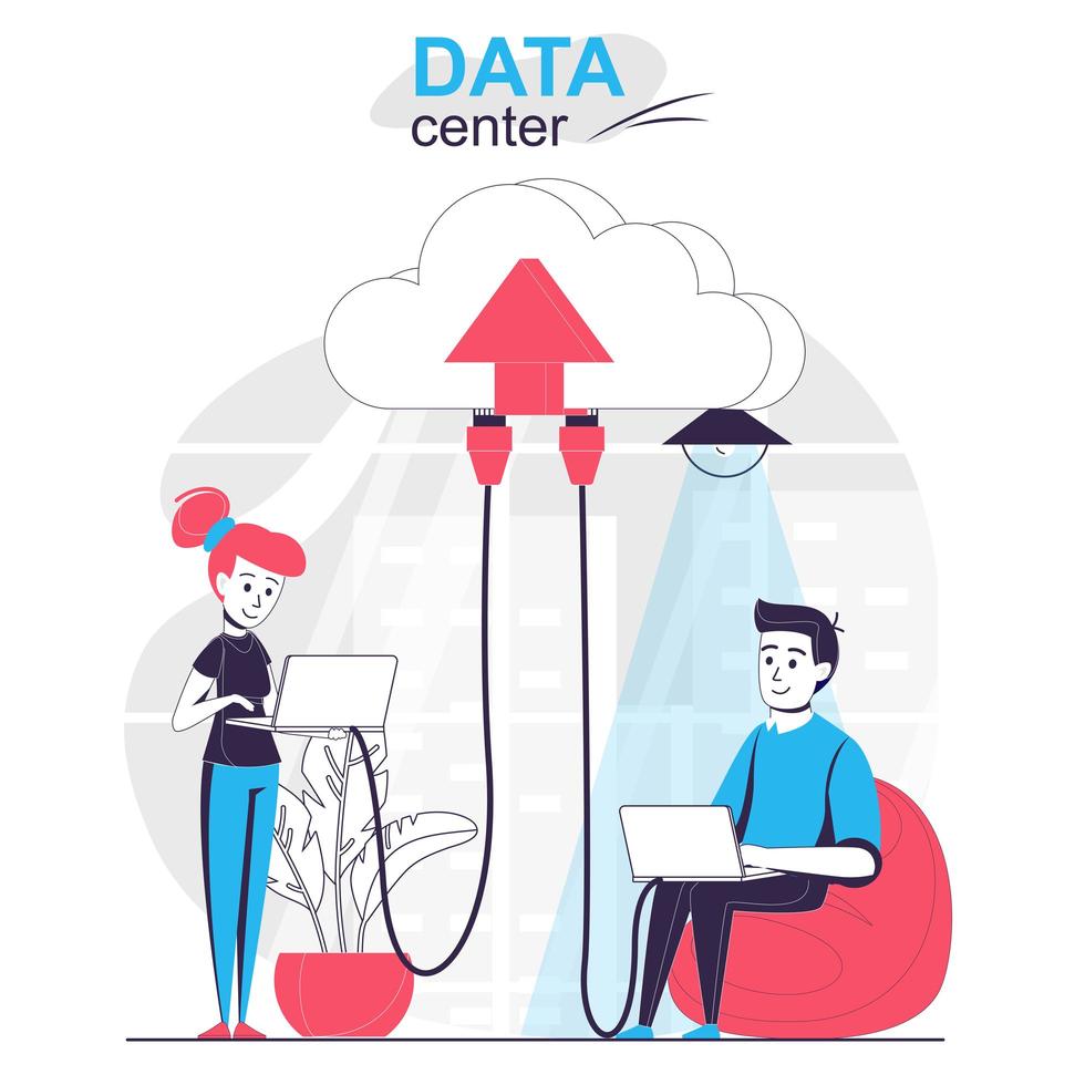 Data center isolated cartoon concept. Users connection to cloud storage and use databases people scene in flat design. Vector illustration for blogging, website, mobile app, promotional materials.