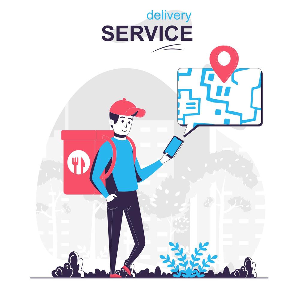 Delivery service isolated cartoon concept. Courier carries food order and tracks route in app people scene in flat design. Vector illustration for blogging, website, mobile app, promotional materials.