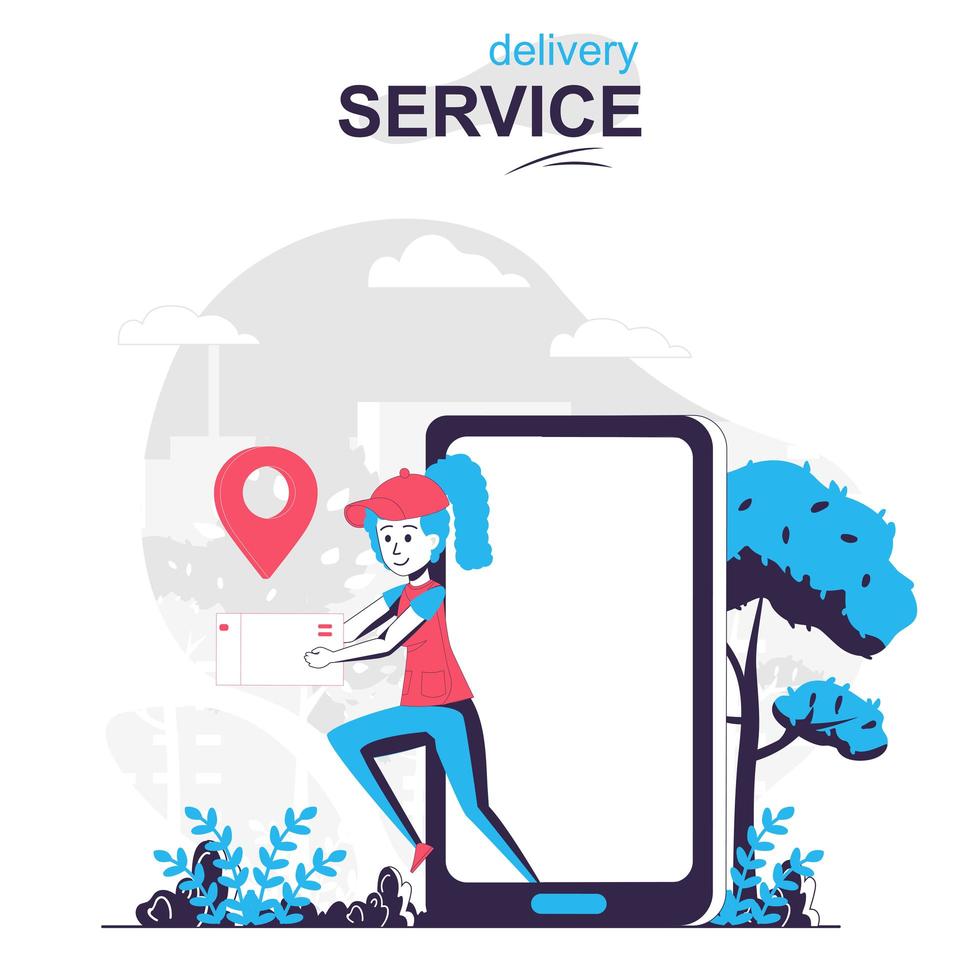 Delivery service isolated cartoon concept. Woman courier holding parcel and carries to client people scene in flat design. Vector illustration for blogging, website, mobile app, promotional materials.