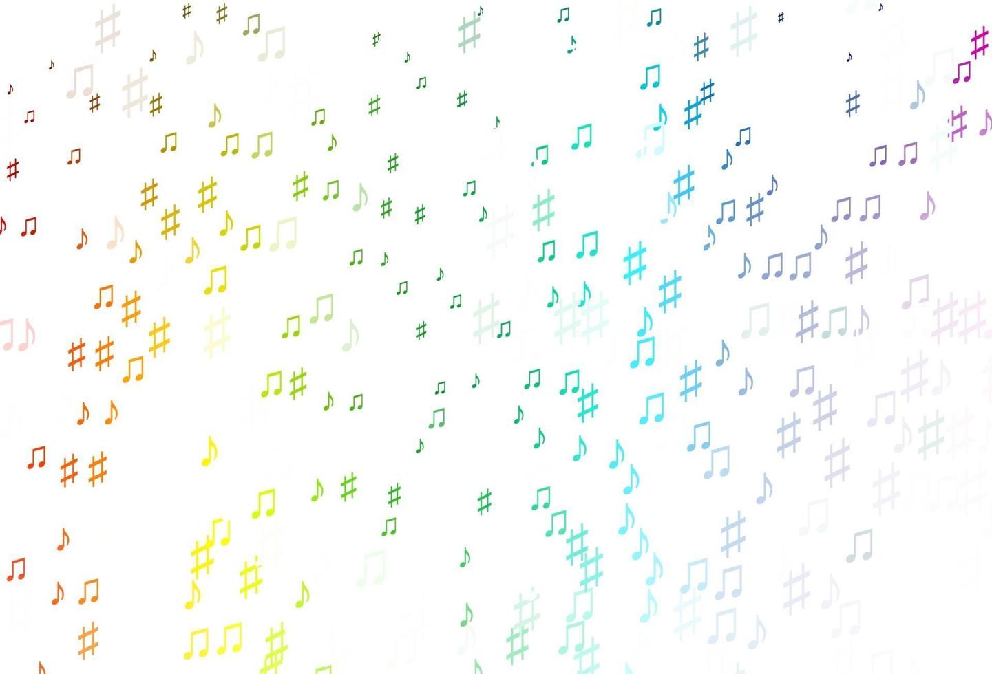 Fondo de vector de arco iris multicolor claro con símbolos musicales.