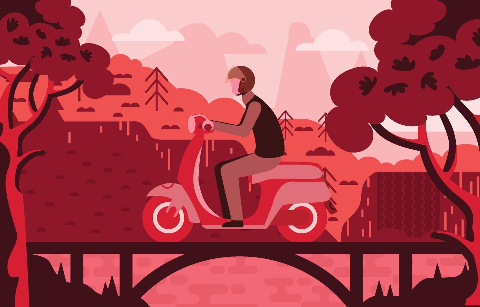 Man Bike Accross Forest Bridge Background vector