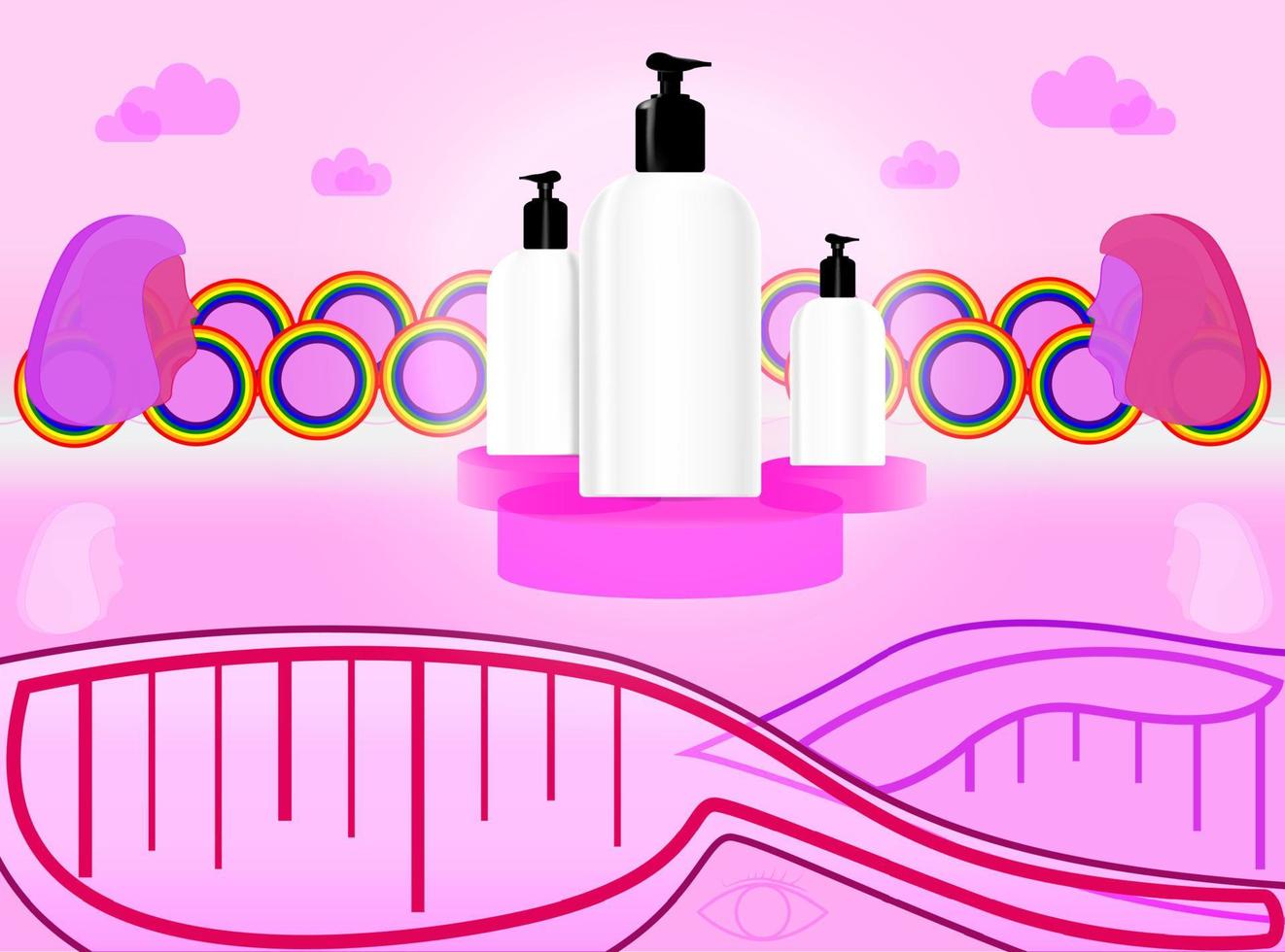 pump bottles are mockup of shampoo or product packaging on a pink background. Cosmetic design for women's hair health care vector