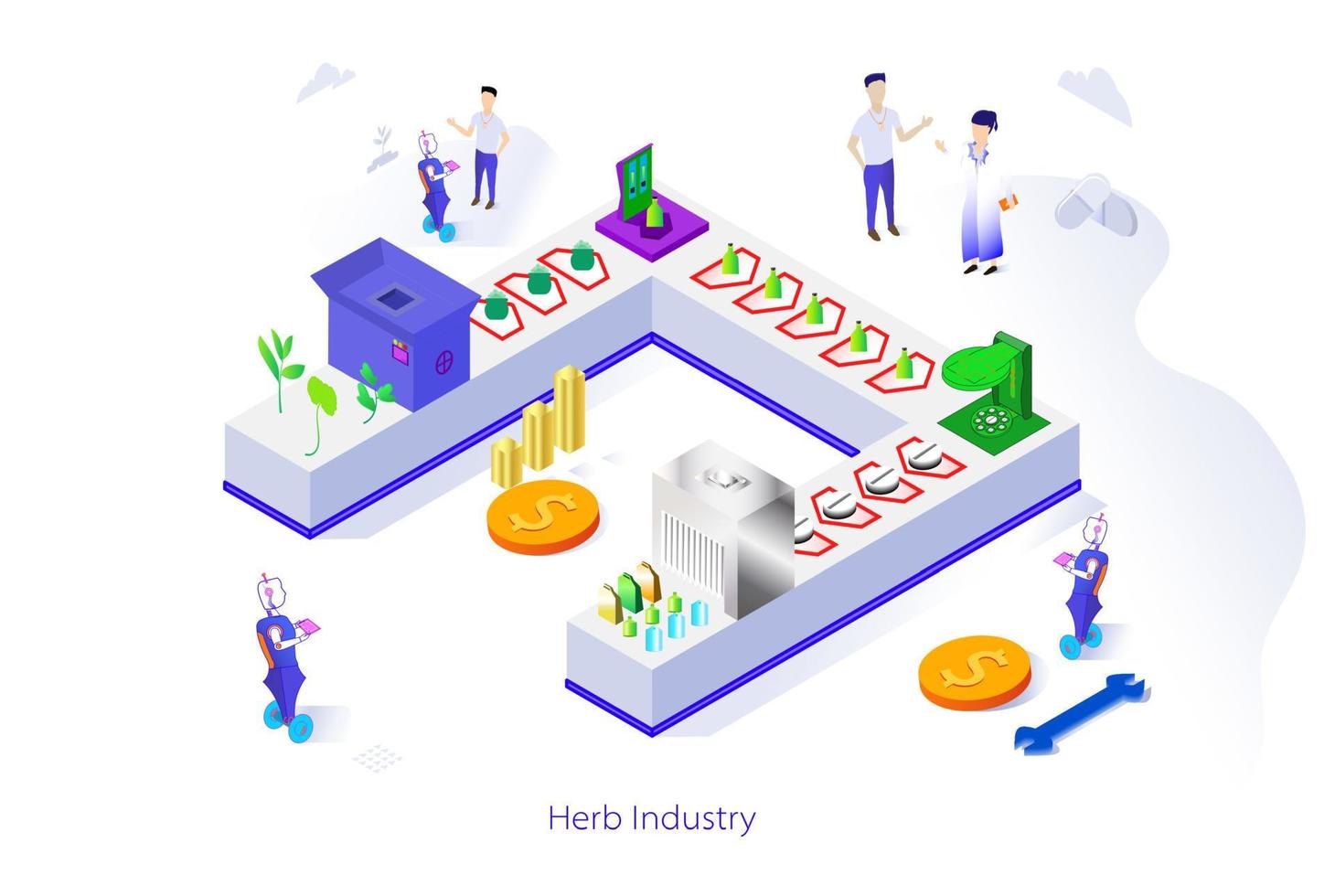 isometric of Herb Industry factory by processing plants, vegetables into extracts and producing drugs or medicine for medical health. Scientists Designing to Operate AI Robots to Control Product vector