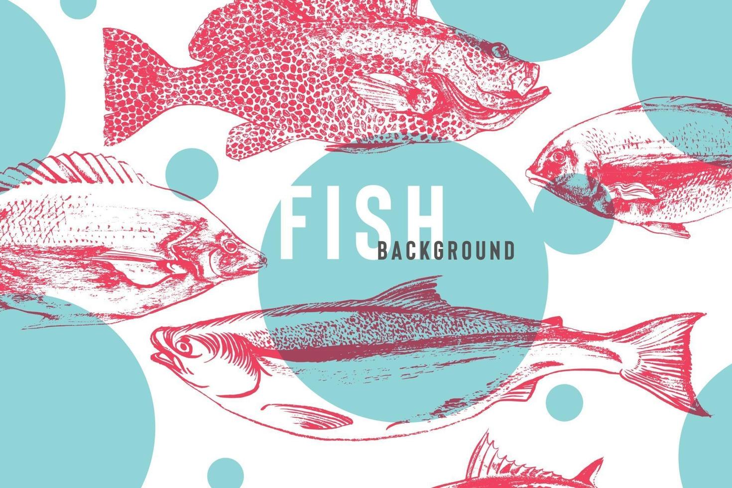 Beautiful fish background in bright blue and pink. Fish drawing with brush and ink with awesome live texture vector