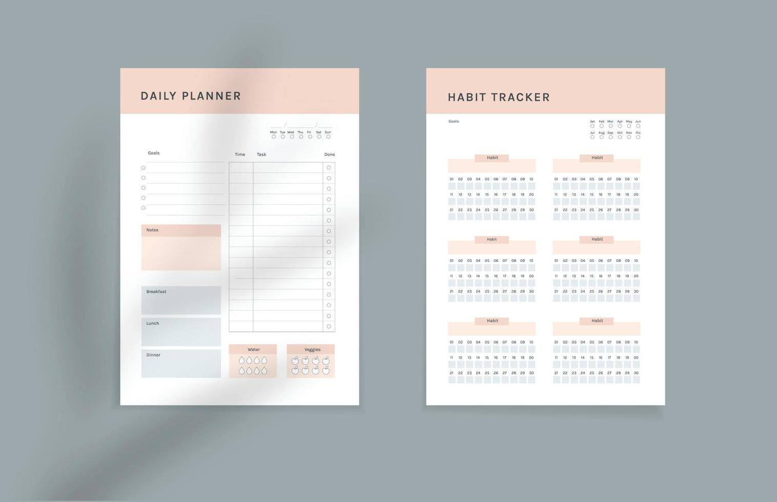 plantilla de planificador, elementos vectoriales para calendarios y organizadores, páginas de diario con rastreador de hábitos, planificador semanal, metas anuales, tareas diarias vector