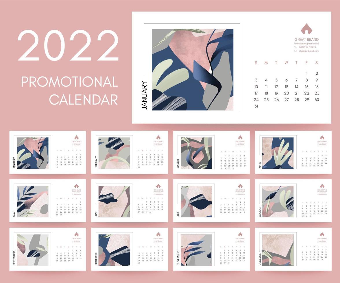 Calendar template, promotional corporate vector design with abstract shapes, 2022