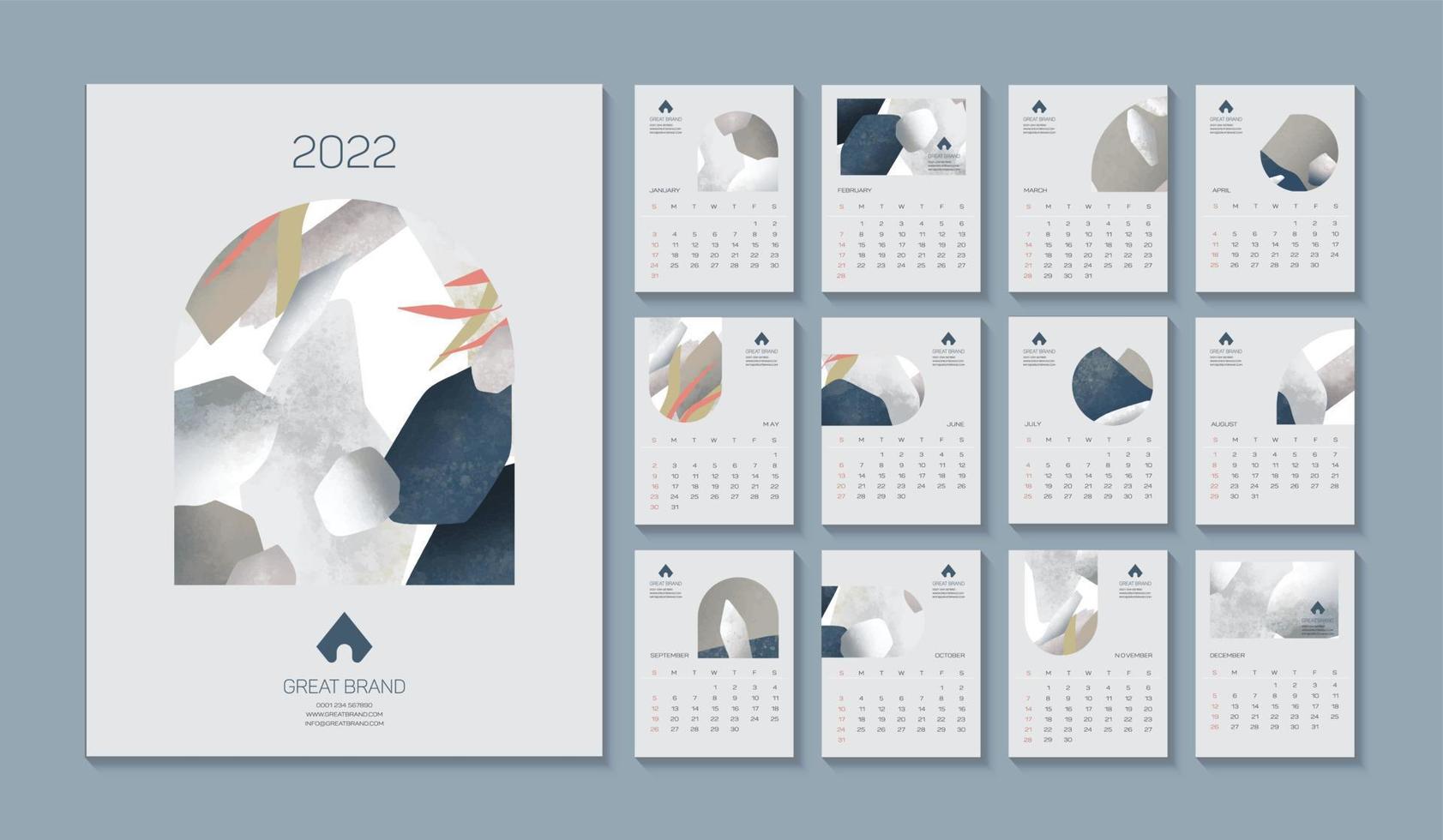 Calendar template, promotional corporate vector design with abstract shapes, 2022