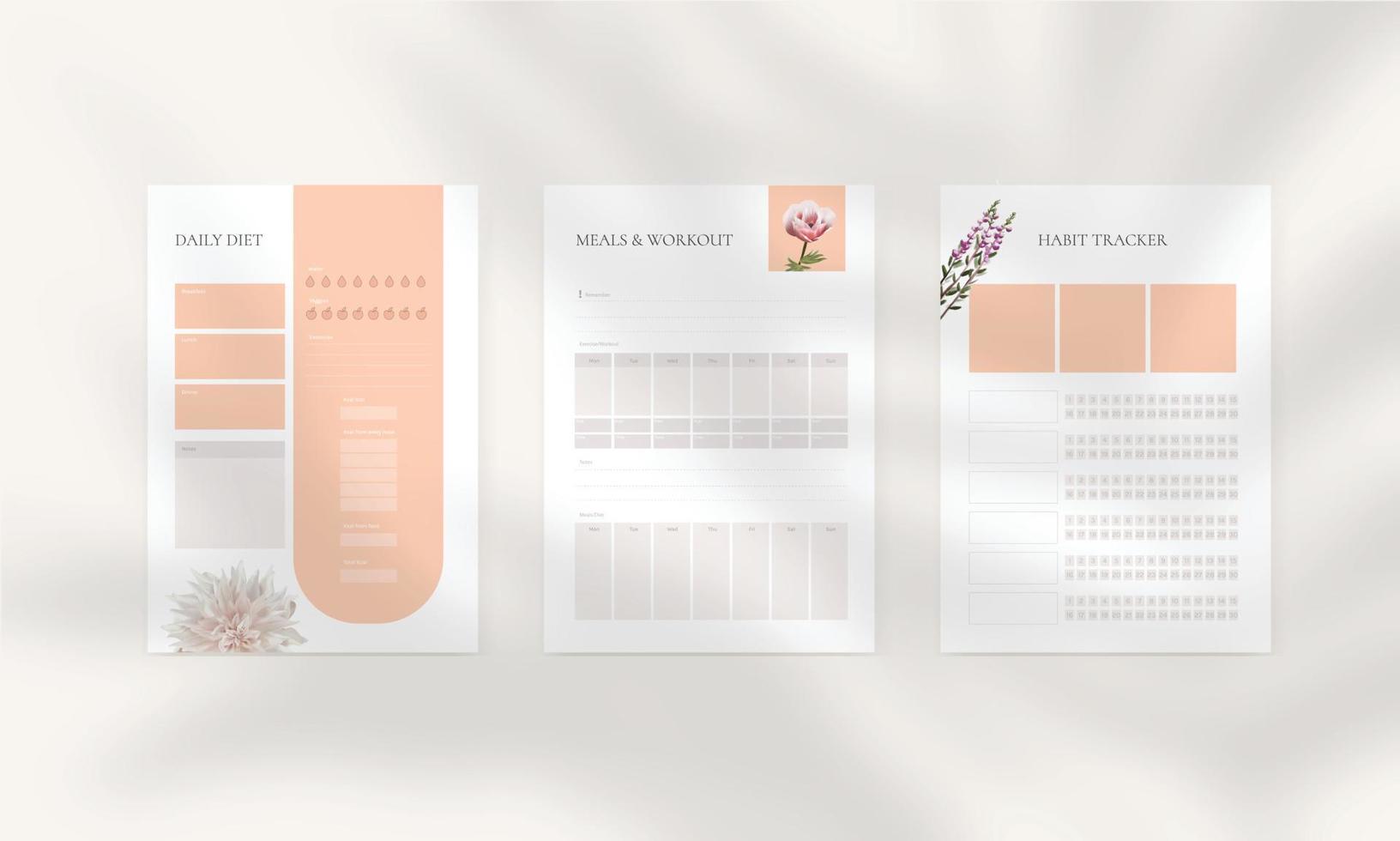 Vector template for healthy habits planners, meals and fitness planner daily and weekly schedule, workout tracker. Vector template for 3 posters,  shadow overlay included