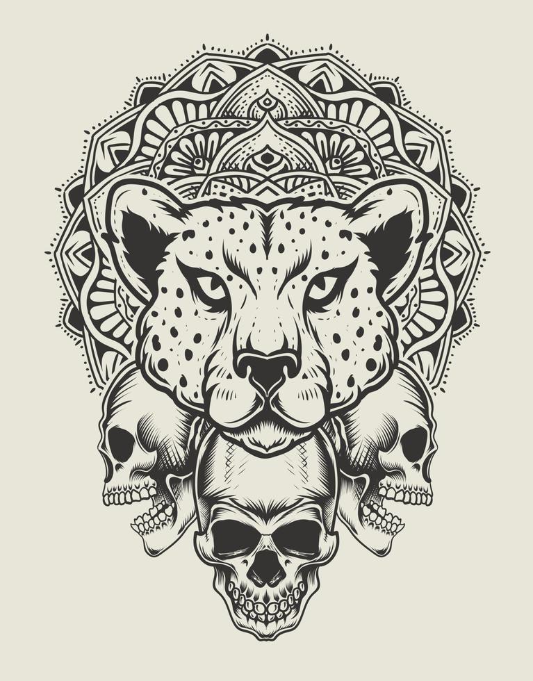 illustration cheetah head with skull and mandala monochrome style vector
