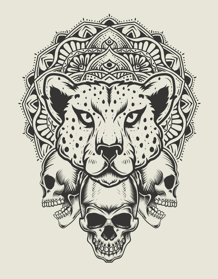 Ilustración cabeza de guepardo con calavera y mandala estilo monocromo vector