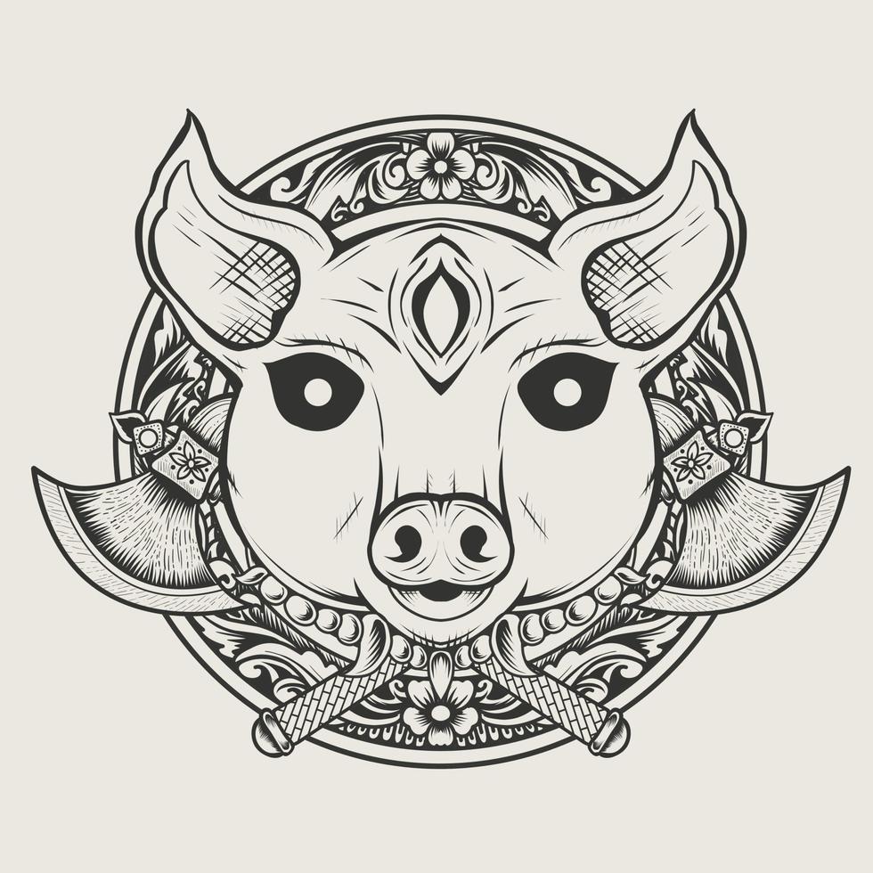 illustration pig devil head monochrome style vector