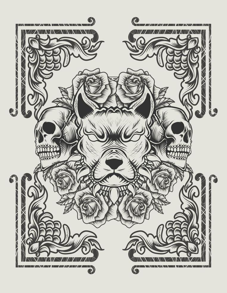illustration vector dog head with skull and rose flower