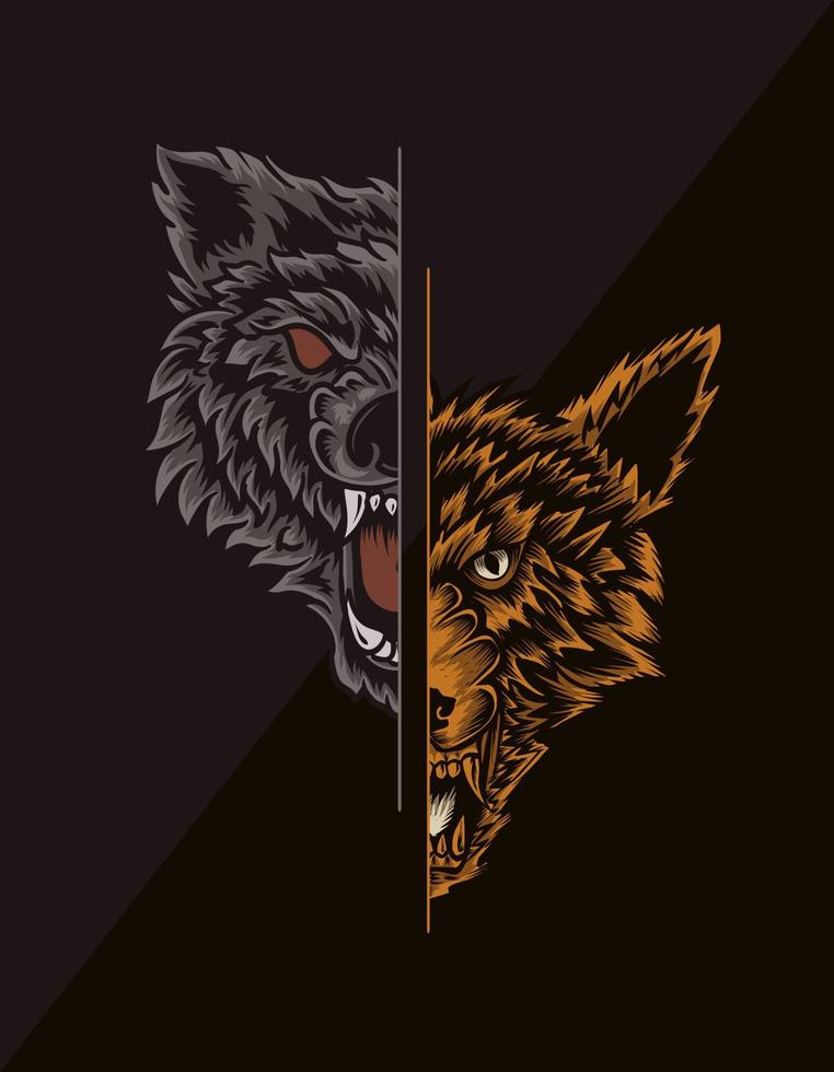 illustration angry wolf head two style vector