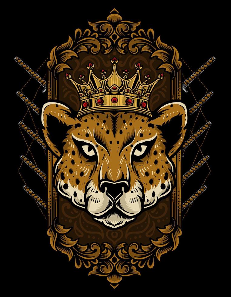 illustration cheetah king with vintage ornament style vector