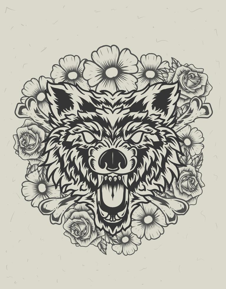 Ilustración cabeza de lobo con flor estilo monocromo vector