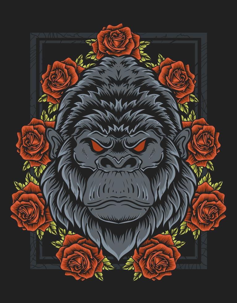 illustration vintage gorilla head with rose flower vector