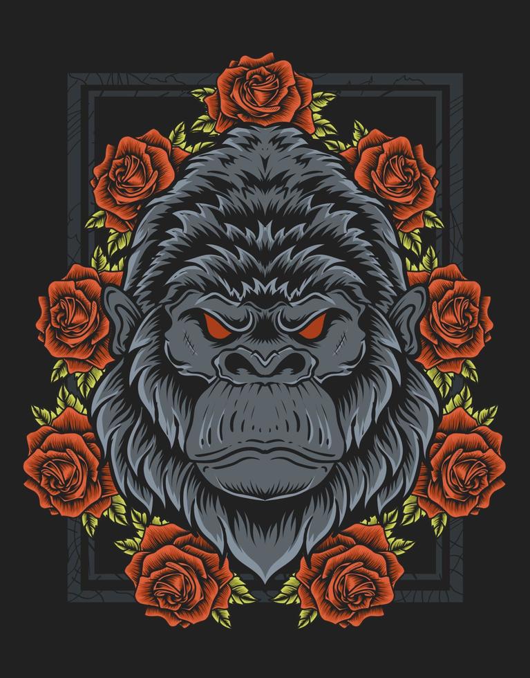 illustration vintage gorilla head with rose flower vector