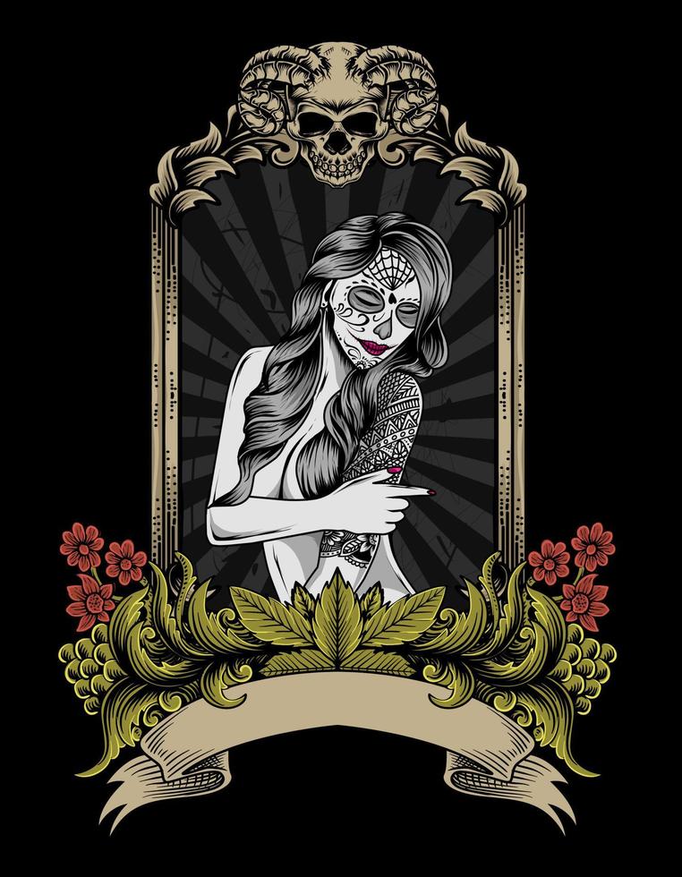 Ilustración de calavera de mujer de azúcar en adorno de grabado vintage vector