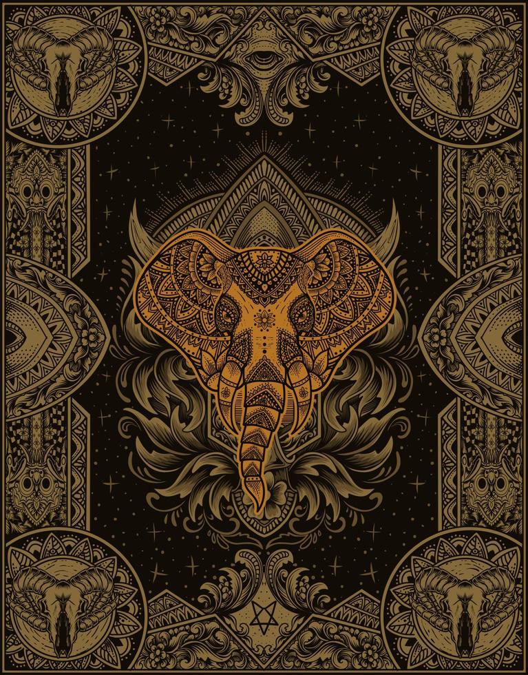 illustration elephant head with vintage mandala ornament style vector