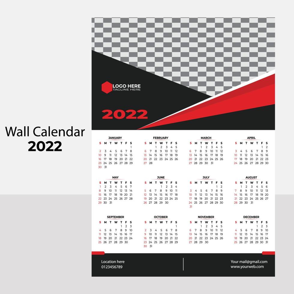 2022 Calendar, calendar 2022 week start Sunday, corporate design vector template