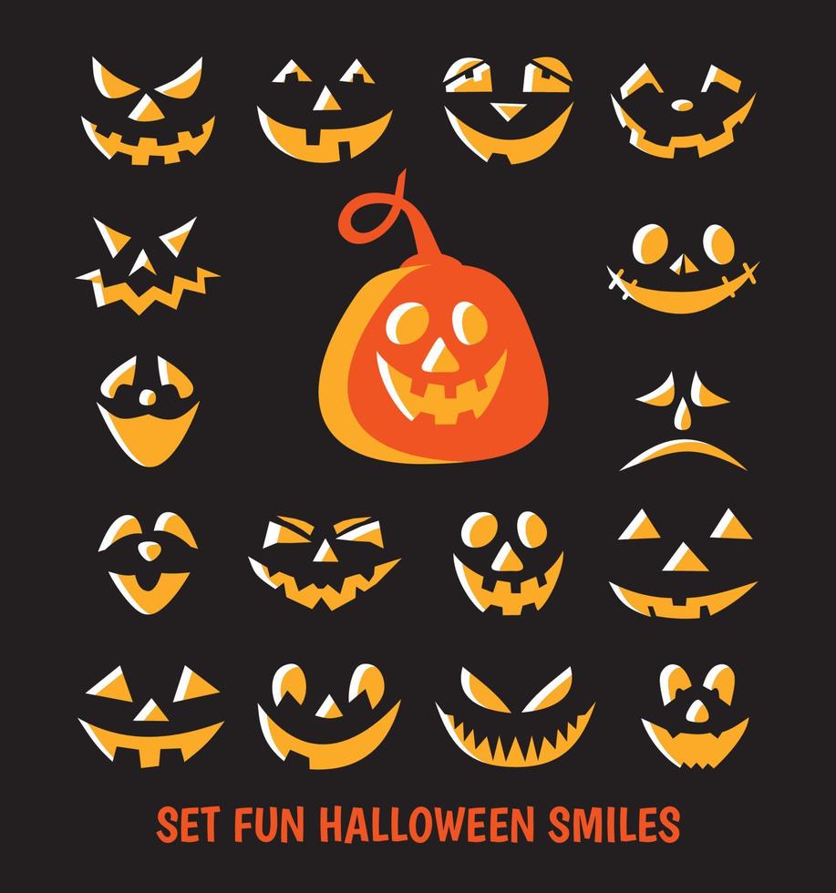 Illustration of fun pumpkin smiles. Design of the symbol of an dark black background with various eyes, nose and smile. The main symbol of the international holiday is happy Halloween. vector