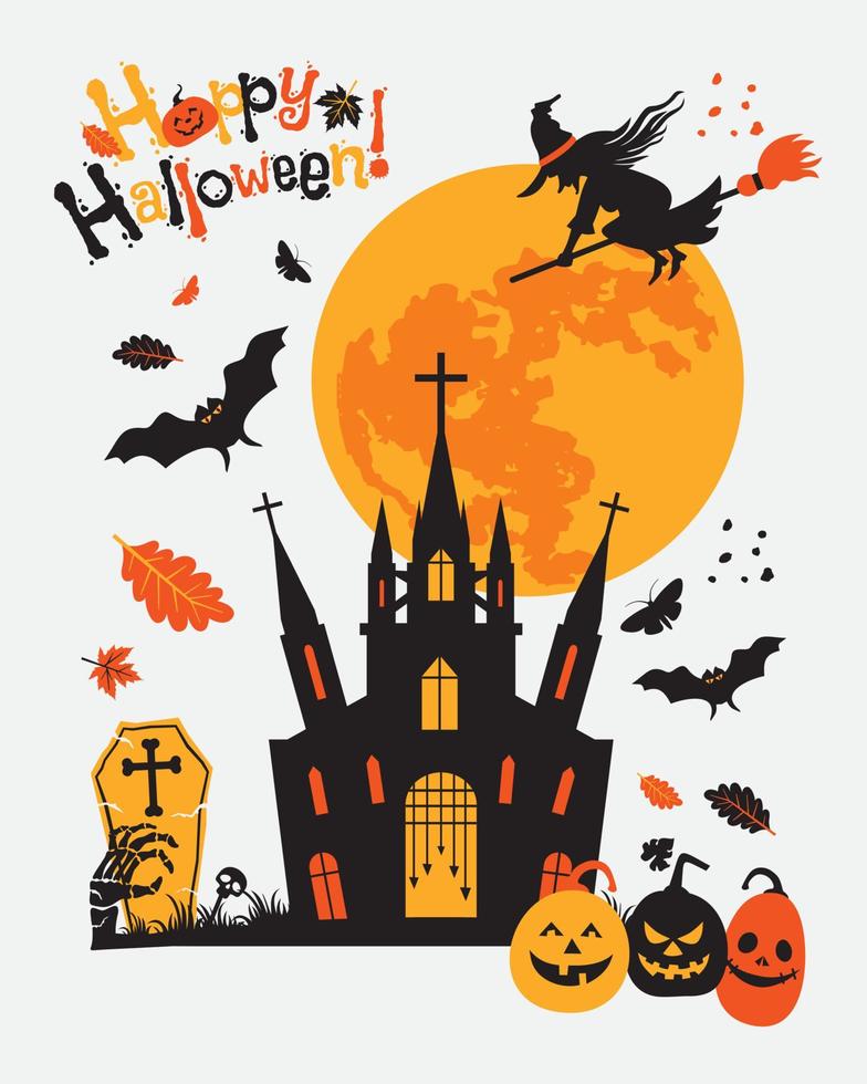 banner de luna llena de halloween, bruja, calabazas y murciélagos. vector ilustración plana.