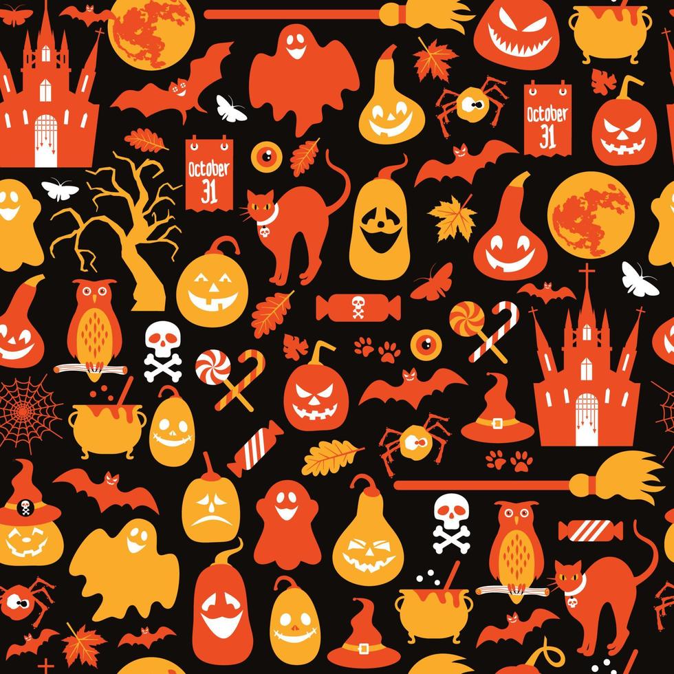 Diseño de patrones sin fisuras de halloween con fantasma, calavera, calabaza y gato negro sobre fondo negro. vector