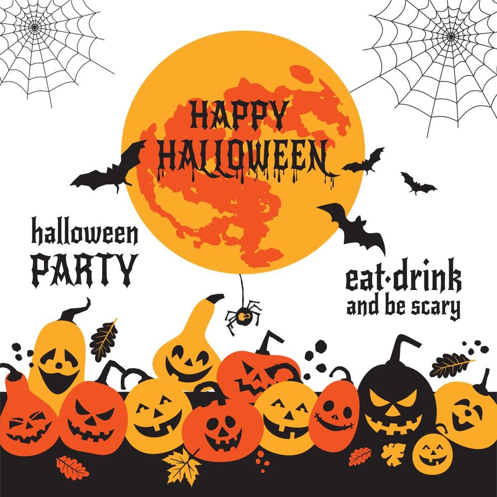 Feliz halloween calabazas con luna y murciélagos diseño vectorial fondo de vector plano