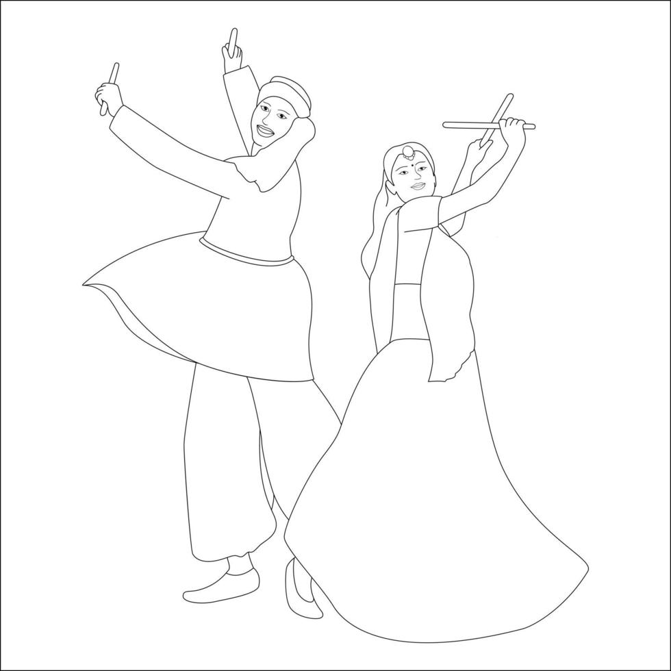 Couple playing dandia outline skeetch, navratri theme coloring pages vector