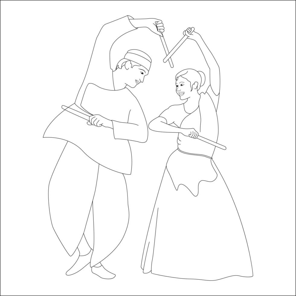 Couple playing dandia outline skeetch, navratri theme coloring pages vector