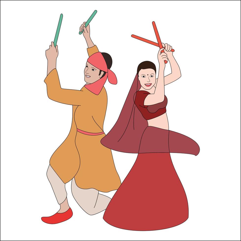 Navratri-dandia night, colorful illustration of Dandia playing couples vector