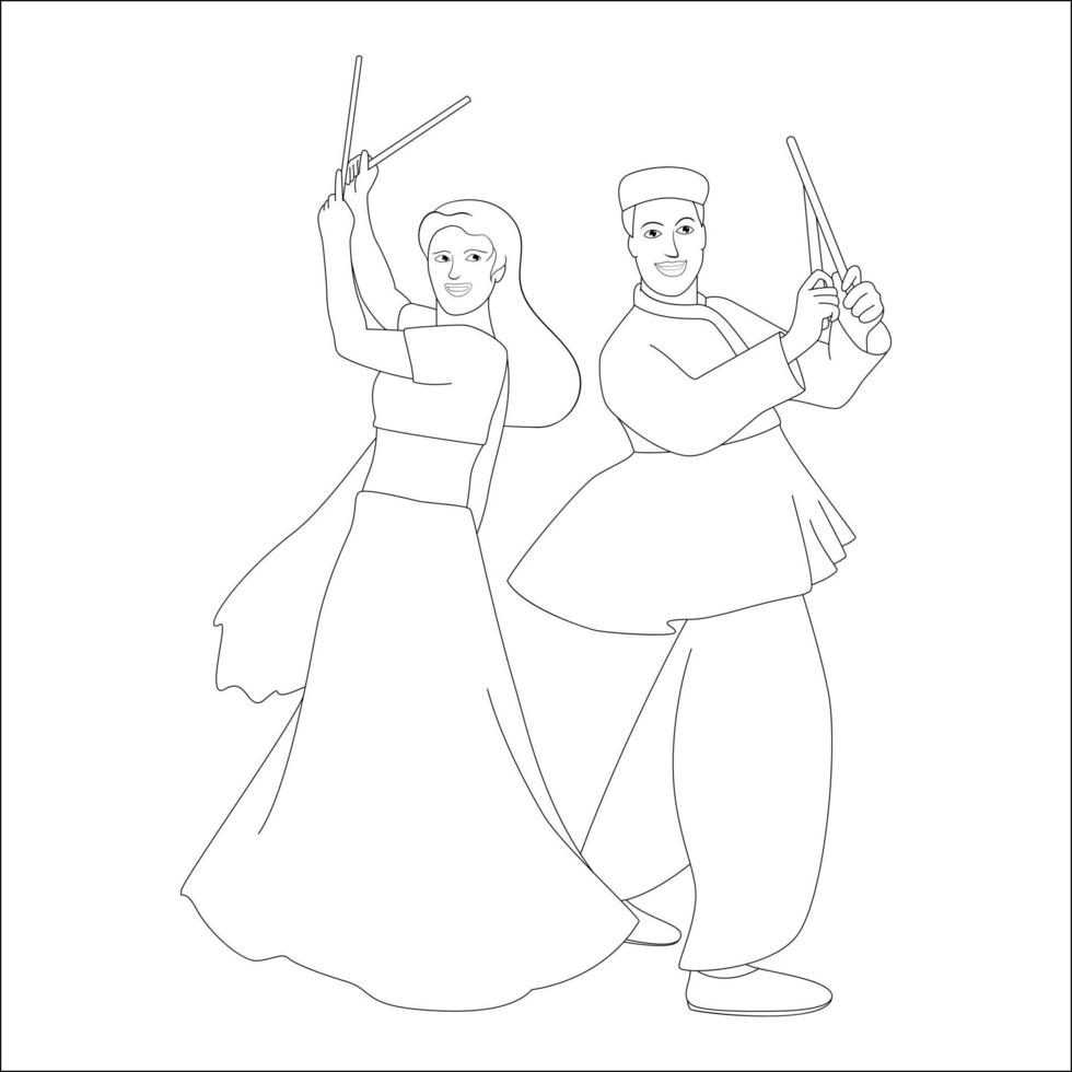 Couple playing dandia outline skeetch, navratri theme coloring pages vector