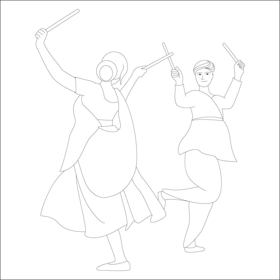 Couple playing dandia outline skeetch, navratri theme coloring pages vector