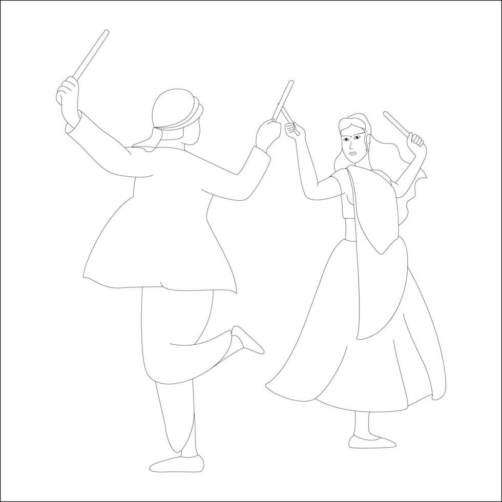 Couple playing dandia outline skeetch, navratri theme coloring pages vector