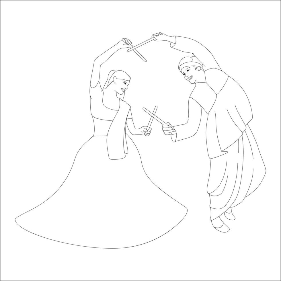 Couple playing dandia outline skeetch, navratri theme coloring pages vector