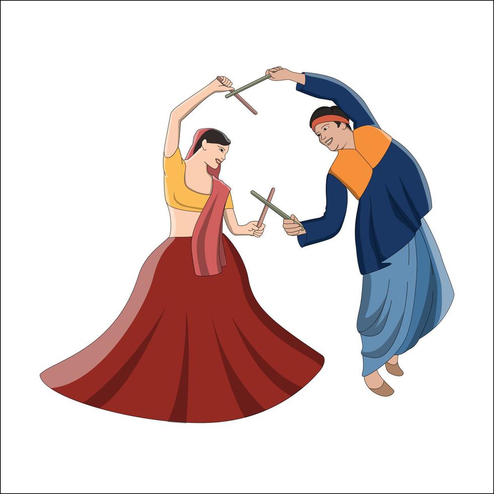 Navratri-dandia night, colorful illustration of Dandia playing couples vector