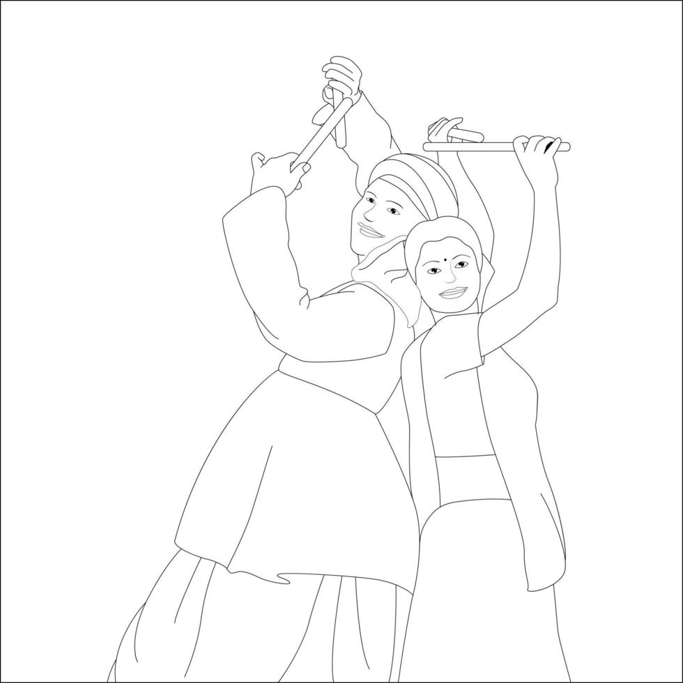 Couple playing dandia outline skeetch, navratri theme coloring pages vector