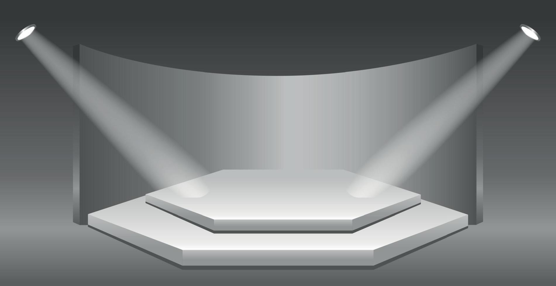 Realistic hexagonal white podium in dark studio - Vector