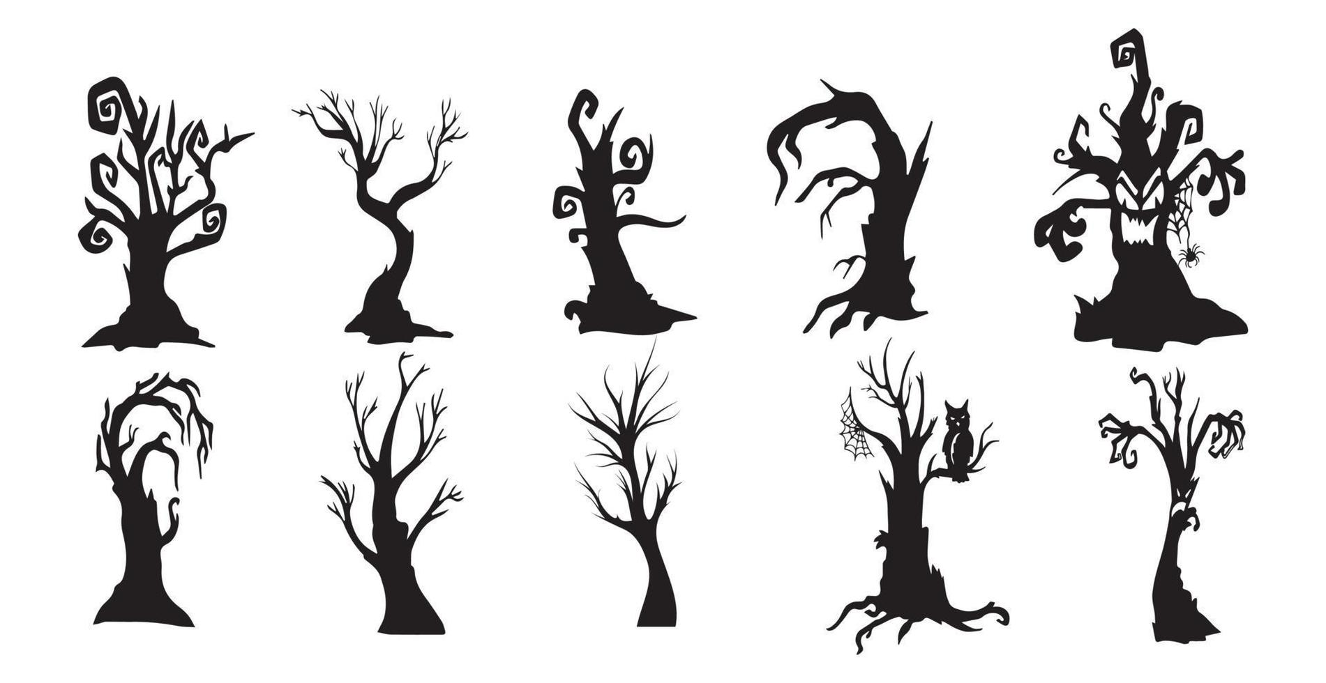 Collection of 10 gloomy halloween trees on white background - Vector