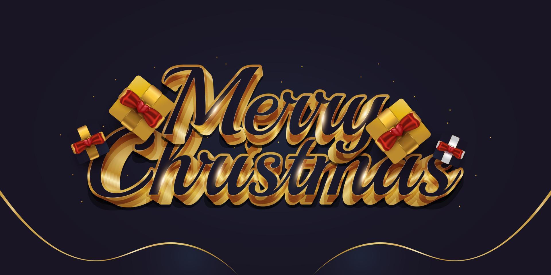 Feliz navidad saludo texto con caja de regalo y letras 3d de lujo en azul y oro vector