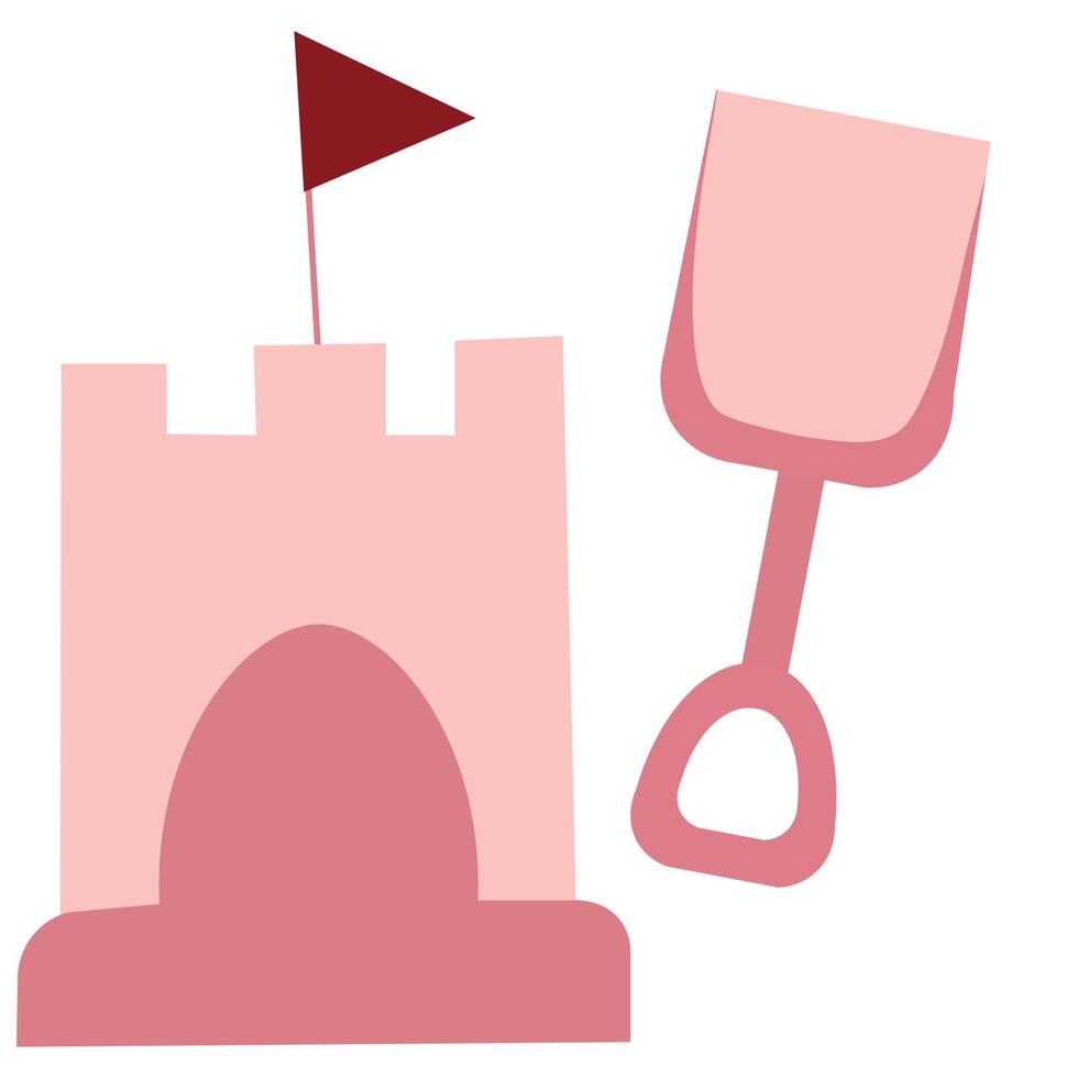 Children's vector illustration of a sand castle and a toy sand shovel.