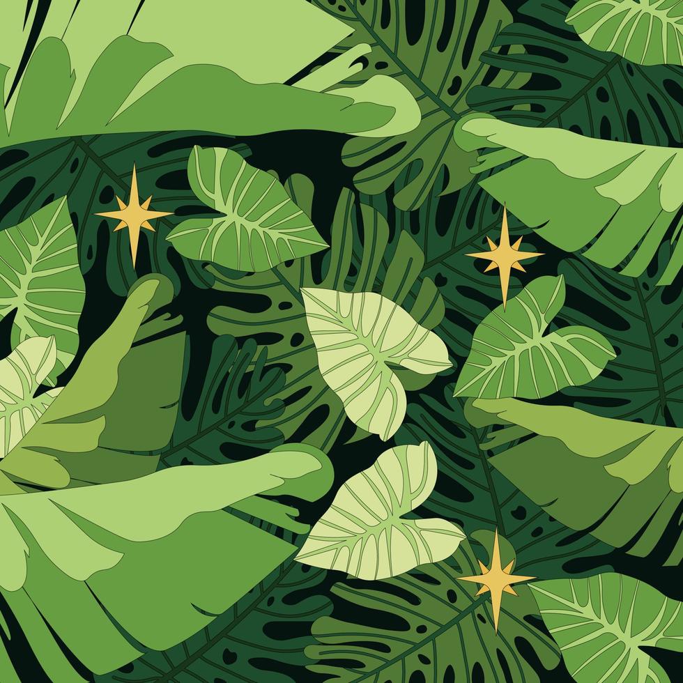 Vector image with tropical leaves. Monstera, philodendron and banana leaves on a dark background. Small lights decorate the rainforest.