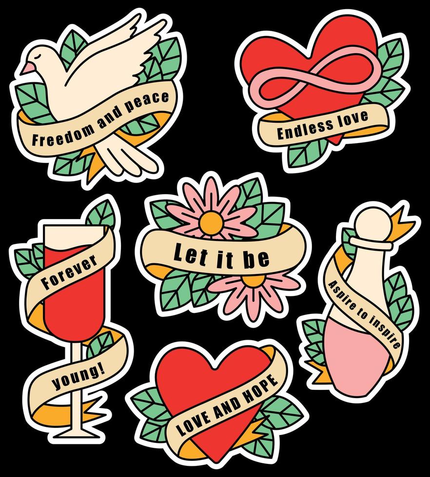 Set of stickers depicting objects, plants and ribbon with lettering in flat style. The set is placed on a black background in the style of old school. vector