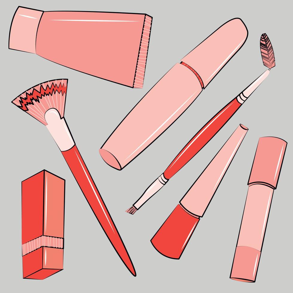 conjunto de cosméticos de maquillaje. brochas de maquillaje, lápiz labial, rímel, base, brillo, polvo para cejas. vector