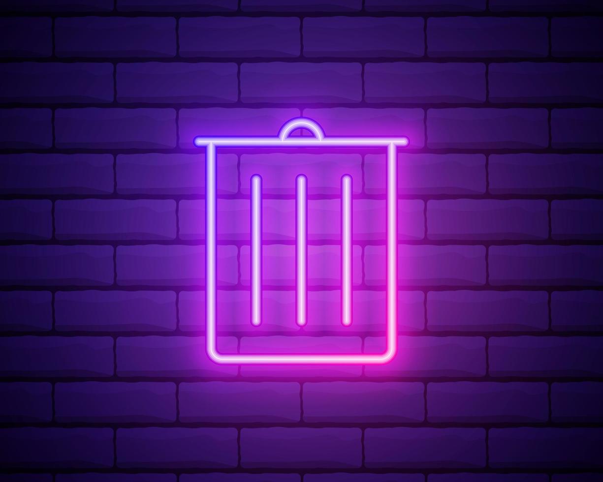 Glowing neon Trash can icon isolated on brick wall background. Garbage bin sign. Recycle basket icon. Office trash icon. Vector Illustration