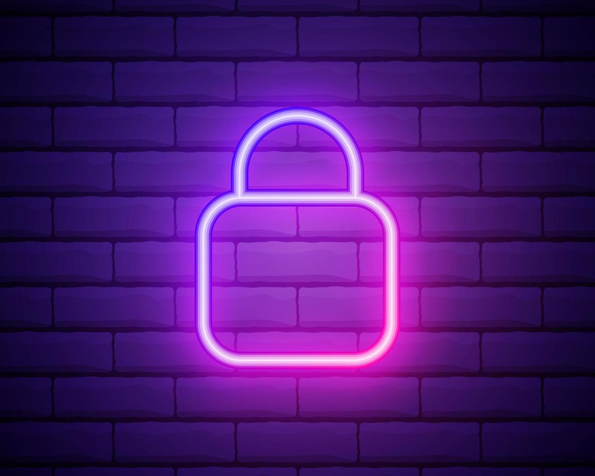 Glowing neon line Lock icon isolated on brick wall background. Closed padlock sign. Cyber security concept. Digital data protection. Safety safety. Colorful outline concept. Vector. vector
