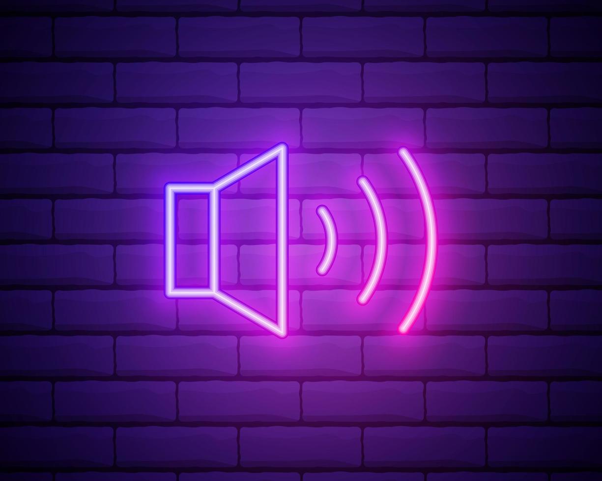Simple volume icon, audio speaker, sound symbol. Colour neon style on brick wall background. Light linear icon with editable stroke vector