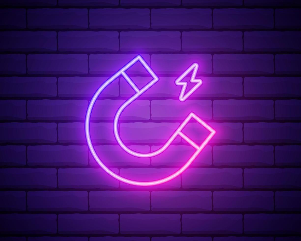 Glowing neon Magnet icon isolated on brick wall background. Horseshoe magnet, magnetism, magnetize, attraction. Vector Illustration